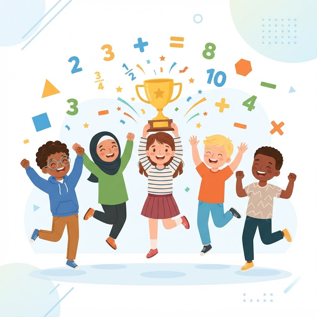 Happy children celebrating with a trophy surrounded by floating maths symbols